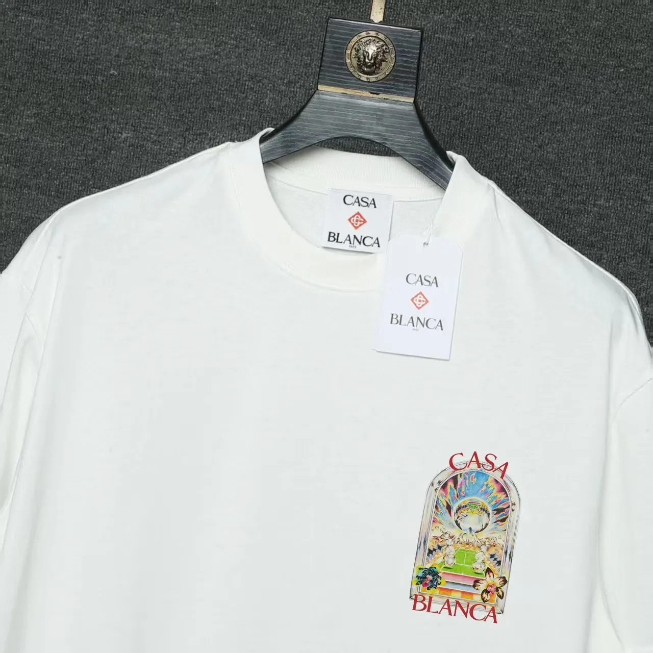 26ss CASABLANCA original printing process short-sleeved T-shirt original development using high-density double yarn pure cotton fabric upper body soft and comfortable color Black White Dark Green color Orange Pink Blue Royal Blue color cigarette powder 8 colors Sizes S M L XL